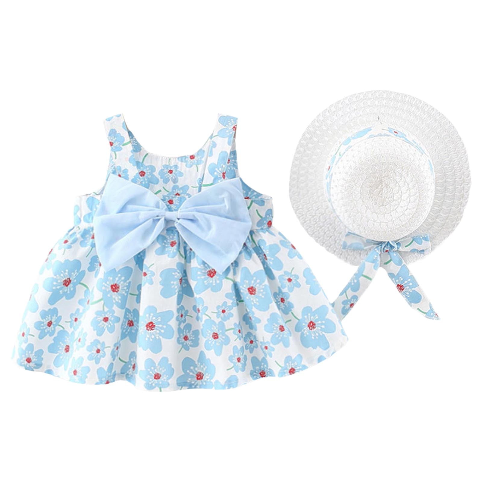 Baby Girl Tutu Dress Birthday Summer Cute Bowknot Design Sleeveless Casual Floral Backless Princess Dresses Swing Sun Dress Skirt With Straw Hat Beachwear(Toddlers, X03-Sky Blue, 6-12 Months)